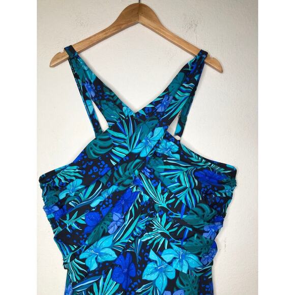 Swimsuits For All Plus Sz 26 Blue Hawaiian High Neck Wrap Swimdress Beach - Picture 3 of 16